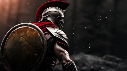 A spartan warrior with an ancient spartan hoplon shield, armor and helmet with copy space for text - obrazy, fototapety, plakaty