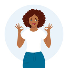 Woman with joyful expression shows hand ok, gesture. The concept of human emotions. Flat style illustration, vector