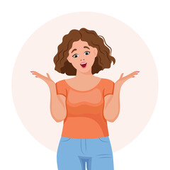 A woman raised her hands with a surprised expression. Emotions and gestures. Flat style illustration, vector