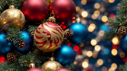 Fototapeta na wymiar Default Christmas blue background with red and gold Christmas balls. Christmas tree decorations with bokeh