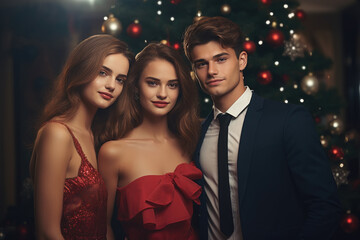 dos mujeres y un hombre vestidos de fiesta en navidad sobre fondo negro con luces de colores
