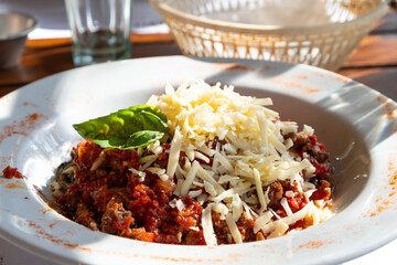 closeup of pasta with bolognese sauce