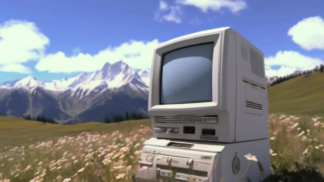 Vintage Computer in Swiss Alpine Meadow