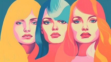 Obraz premium risograph beauty fashion beautiful young women with different hairstyles, graphic shapes grain
