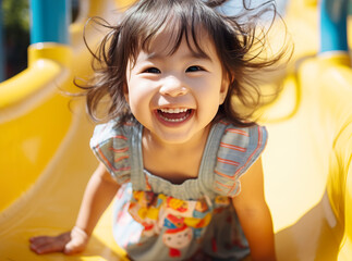 Asian cute kid girl enjoying playing on yellow slider on playground