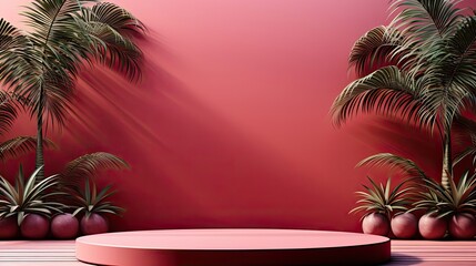Abstract red studio background for product presentation. Empty room with shadows of window and flowers and palm leaves. Room with copy space. Background with shadow. Generative AI