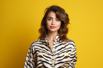 Obraz premium Elegant Mixed-Race Model Posing with Dual Heritage Charm. Beautiful Young Happy European Woman On Yellow or Blue Background