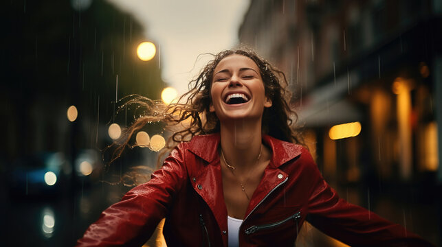 woman with red jacket have fun in the rain