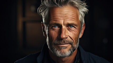 Obraz premium Portrait Of A Mature Man Smiling At The Camera. on white. Left side. Man face portrait illustration. Generative AI