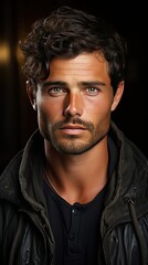 Face of handsome Hispanic man looking at camera. Man face portrait illustration. Generative AI