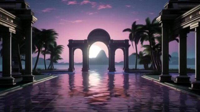 Open Concept Marble Temple: Pool of Water, Sunrise Horizon