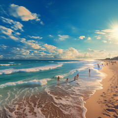 A beautiful sunny beach with soft sand & turquoise water, people playing in the waves & relaxing, golden sun in a clear sky, intricate details, 4K extremely detailed photograph