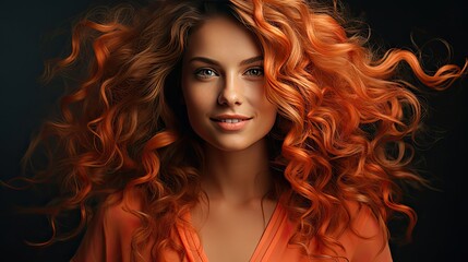 Beautiful smiling woman with long wavy hair. Girl curly hairstyle and red manicure nails. Beauty ,makeup and cosmetics. Model illustration. Generative AI