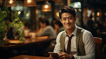 Portrait young Asian man handsome happy smile in formal shirt using smartphone trading or chatting on background. Man portrait illustration. Generative AI
