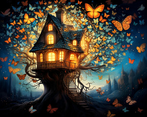 Treehouse surrounded by luminescent butterflies. Surreal, dreamlike art style - obrazy, fototapety, plakaty
