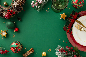 Festive dining setup design. Overhead view showcasing plates, cutlery, checkered napkin, wine glass, baubles, natural wreath, confetti, icy fir, mistletoe on green background, empty space for text