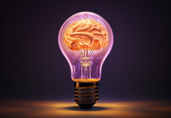 Light bulb with bright brain inside. light bulb symbolizing the human brain with bright ideas. - obrazy, fototapety, plakaty