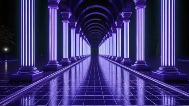 Purple Neon Greco-Roman Pillar Architecture with Night Tile Flooring