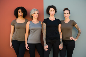 Strong females, Group of fashionable women standing together. Beautiful tattooed young women posing together on black background.