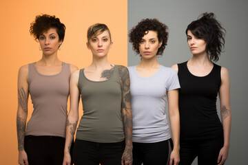 Obraz premium Strong females, Group of fashionable women standing together. Beautiful tattooed young women posing together on black background.