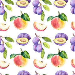 Hand drawn watercolor fruit pattern with plums and apples on the white background. Botanical fruit pattern.