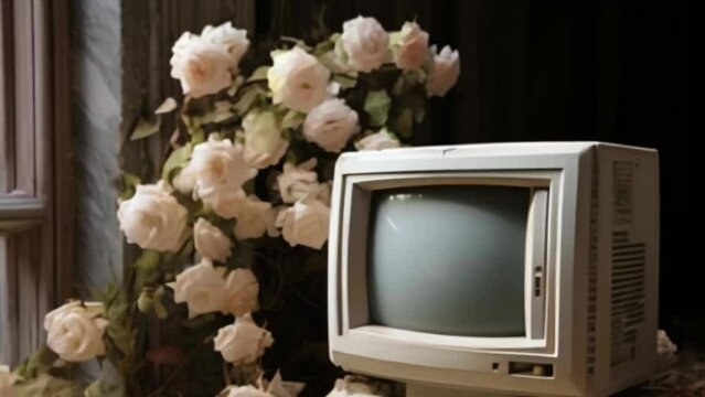 Vintage CRT Monitor: White Beige, Decorated with Rose Flowers