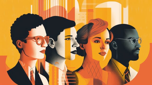 risograph of business team, portrait group of people in a collage