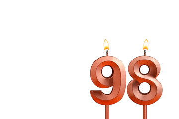 Birthday candle number 98 on white background