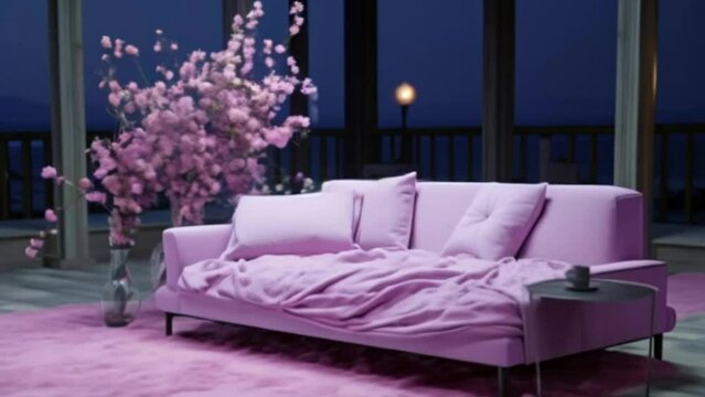 Modern Luxury Room: Pink Couch, Flower Bush, Rug, Windowed Walls