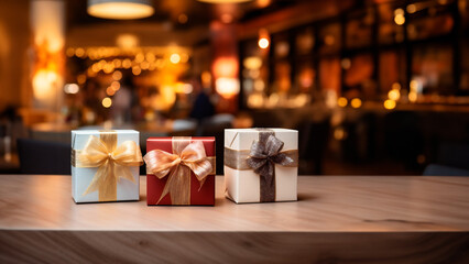 luxury gift box with a golden bow on the background of a hypermarket interior. Gift concept for birthday, Christmas, Valentine's Day. Holiday Sale - obrazy, fototapety, plakaty
