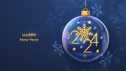 Happy New 2024 Year. Hanging Golden metallic numbers 2024 with shining snowflake in a transparent glass ball on blue background. New Year greeting card, banner, poster, flyer. Vector illustration.