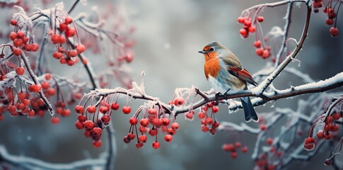 Snow-Covered Mountain Ash Tree with a Graceful Bird Perched on Its Branches, Snow-covered mountain ash with a bird
