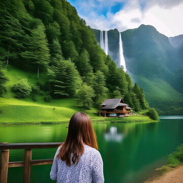 Mujer de espaldas junto a un lago un bosque con una gran casa de madera unas cararatas que caen de gran altura desde la cima de una montaña y un cielo azul con nubes blancas 