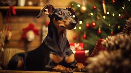 Doberman portrait on the background of a Christmas tree. Merry Christmas and Happy New Year concept. .