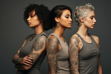 Strong females, Group of fashionable women standing together. Beautiful tattooed young women posing together on black background. - obrazy, fototapety, plakaty