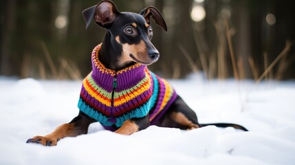 Doberman in knitted sweater portrait on the background of a Christmas tree. Merry Christmas and Happy New Year concept. .