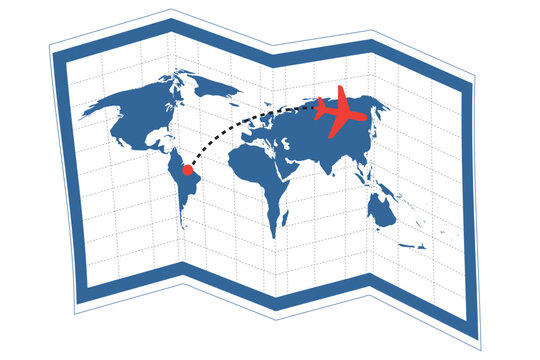 Illustration of a folded world map with a plane flying to a destination