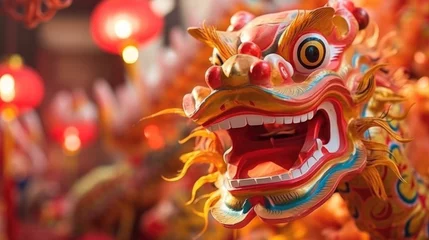 Fotobehang Close up of Chinese Dragon Head performing its traditional dragon dance festival. Chinese New Year celebration 2024.. © Oksana Smyshliaeva