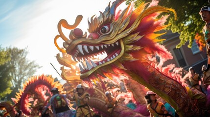 Fototapeta premium Close up of Chinese Dragon Head performing its traditional dragon dance festival. Chinese New Year celebration 2024..