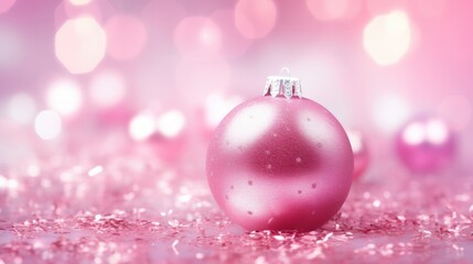 Pinkmas concept. Pink Christmas tree branches decorated with ornaments in pink color. Merry Xmas, Happy New Year 2024 in trendy colors. Vibrant colorful background for cards, invitations, greetings.