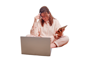 Problems with remote work online from home, concept, isolated on a white background. Sad woman in thought with a phone in her hands.