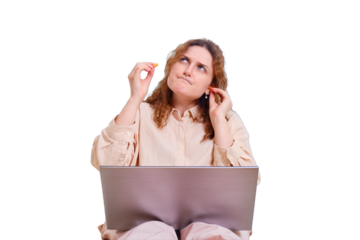 Young woman covers her ears with ear plugs when working from home, isolated on a white background. Silence problems while working remotely, concept
