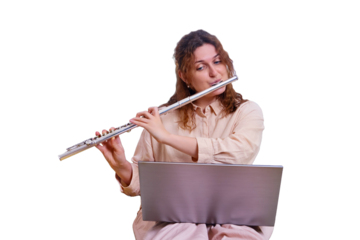 Woman learns music and cat, lifestyle, isolated on a white background. Woman plays the flute while sitting on yellow bed