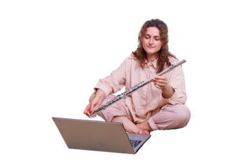 Teacher shows how to play a musical instrument, learning via the Internet, isolated on a white background