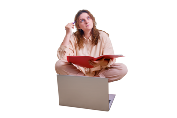 Problems with online education from home, isolated on a white background. Sad woman sitting with laptop on bed with cat