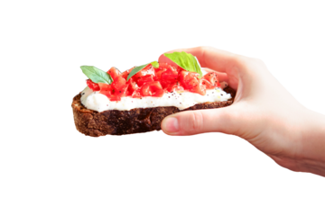 Woman hand holds bruschetta, italian breakfast in a summer cafe, isolated on a white background
