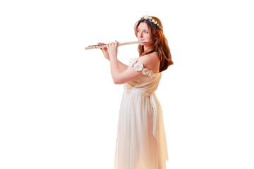 Woman musician stands with a flute, isolated on a white background