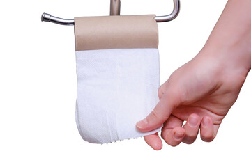 Man sits in the toilet and holds an empty roll of run out of toilet paper, isolated on a white background