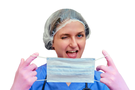 A happy female doctor holds a medical mask and winks, copy space for the inscription, isolated on a white background. Woman nurse with a protective mask in her hands on a . - Powered by Adobe