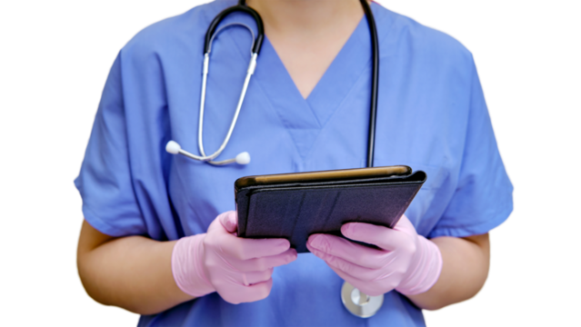 A doctor with a stethoscope works remotely via the Internet in a tablet, isolated on a white background. A nurse in a blue uniform holds a digital tablet in a case during the coronavirus quarantine.